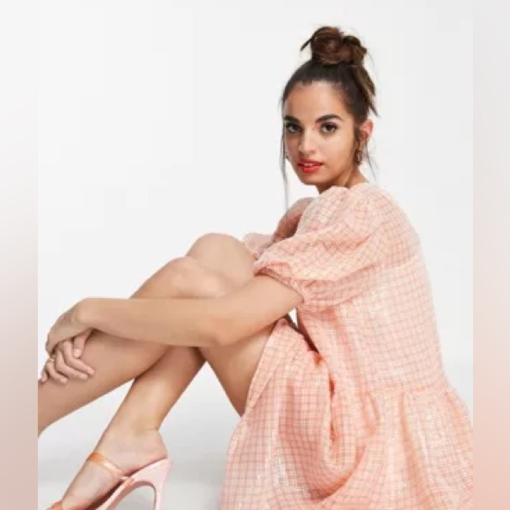 Peach Gingham Mini Dress with Puff Sleeves - Picture 16 of 16